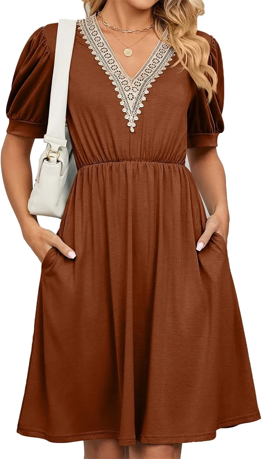 Womens Summer Short Sleeve Dresses Beach Loose Casual Aline Dress V Neck Empire Waist Sundress