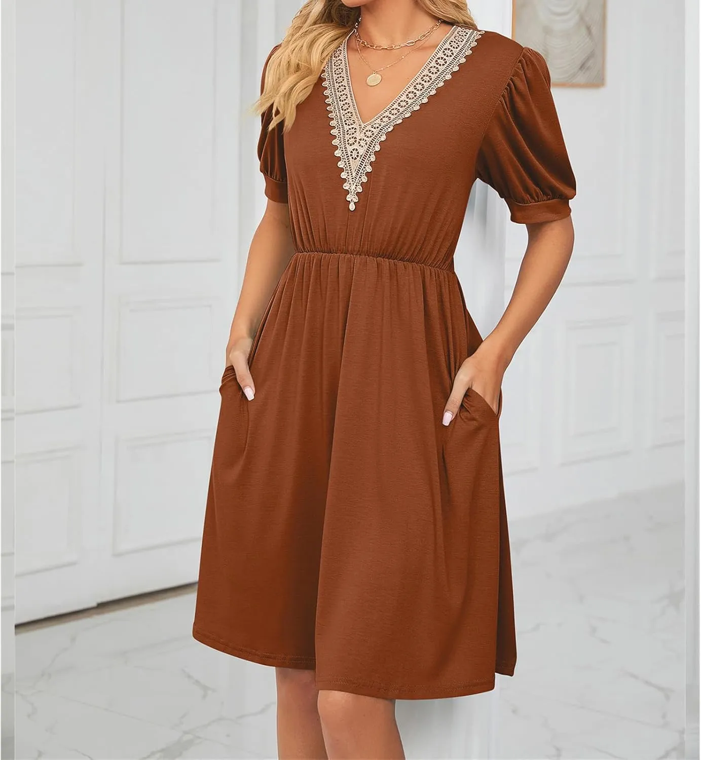 Womens Summer Short Sleeve Dresses Beach Loose Casual Aline Dress V Neck Empire Waist Sundress