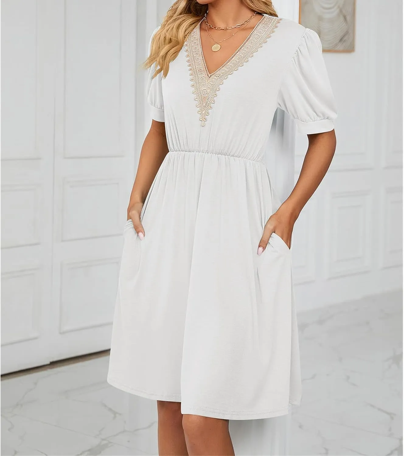 Womens Summer Short Sleeve Dresses Beach Loose Casual Aline Dress V Neck Empire Waist Sundress