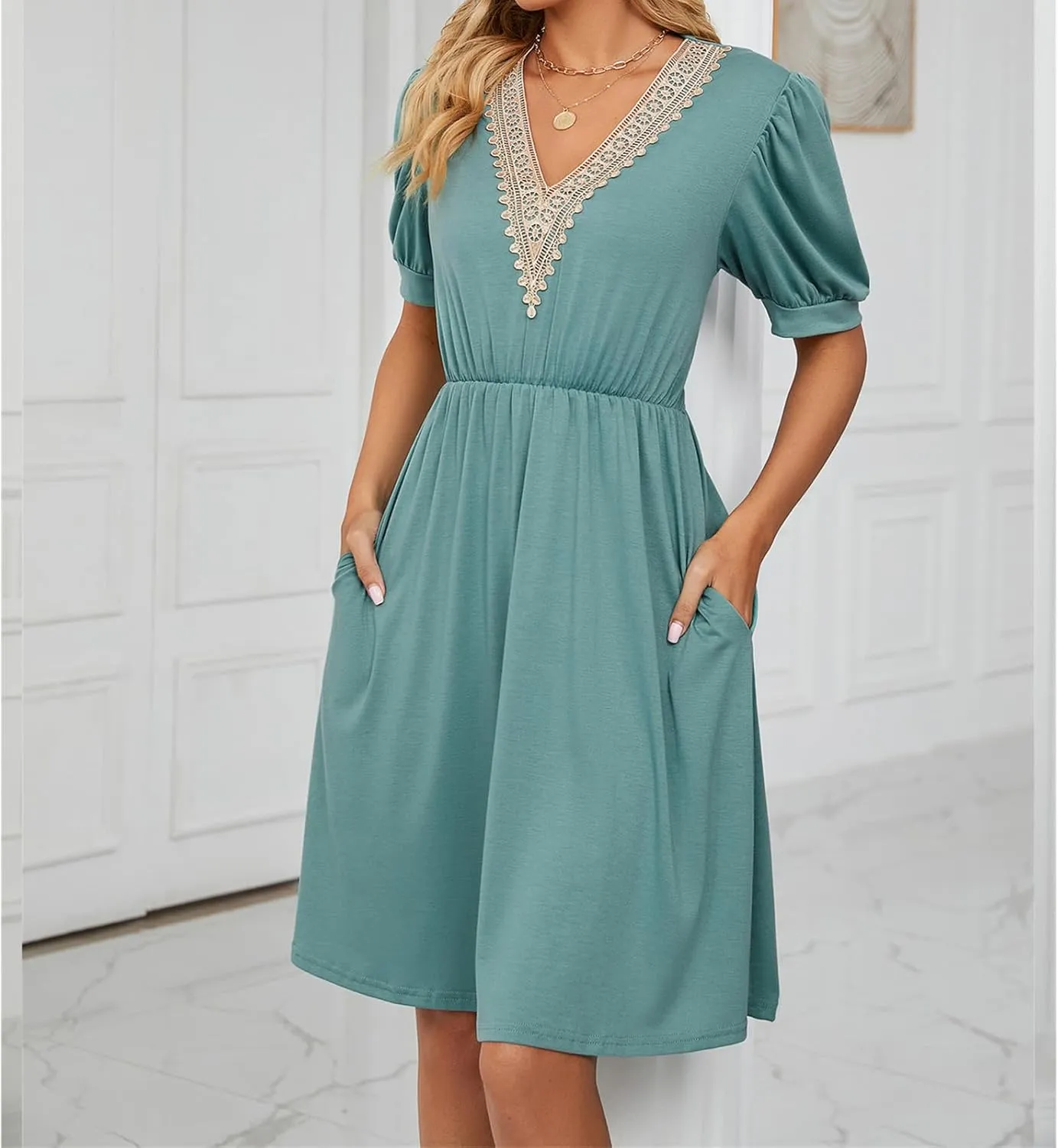 Womens Summer Short Sleeve Dresses Beach Loose Casual Aline Dress V Neck Empire Waist Sundress