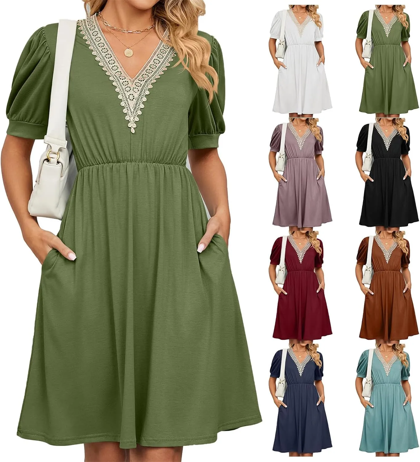 Womens Summer Short Sleeve Dresses Beach Loose Casual Aline Dress V Neck Empire Waist Sundress
