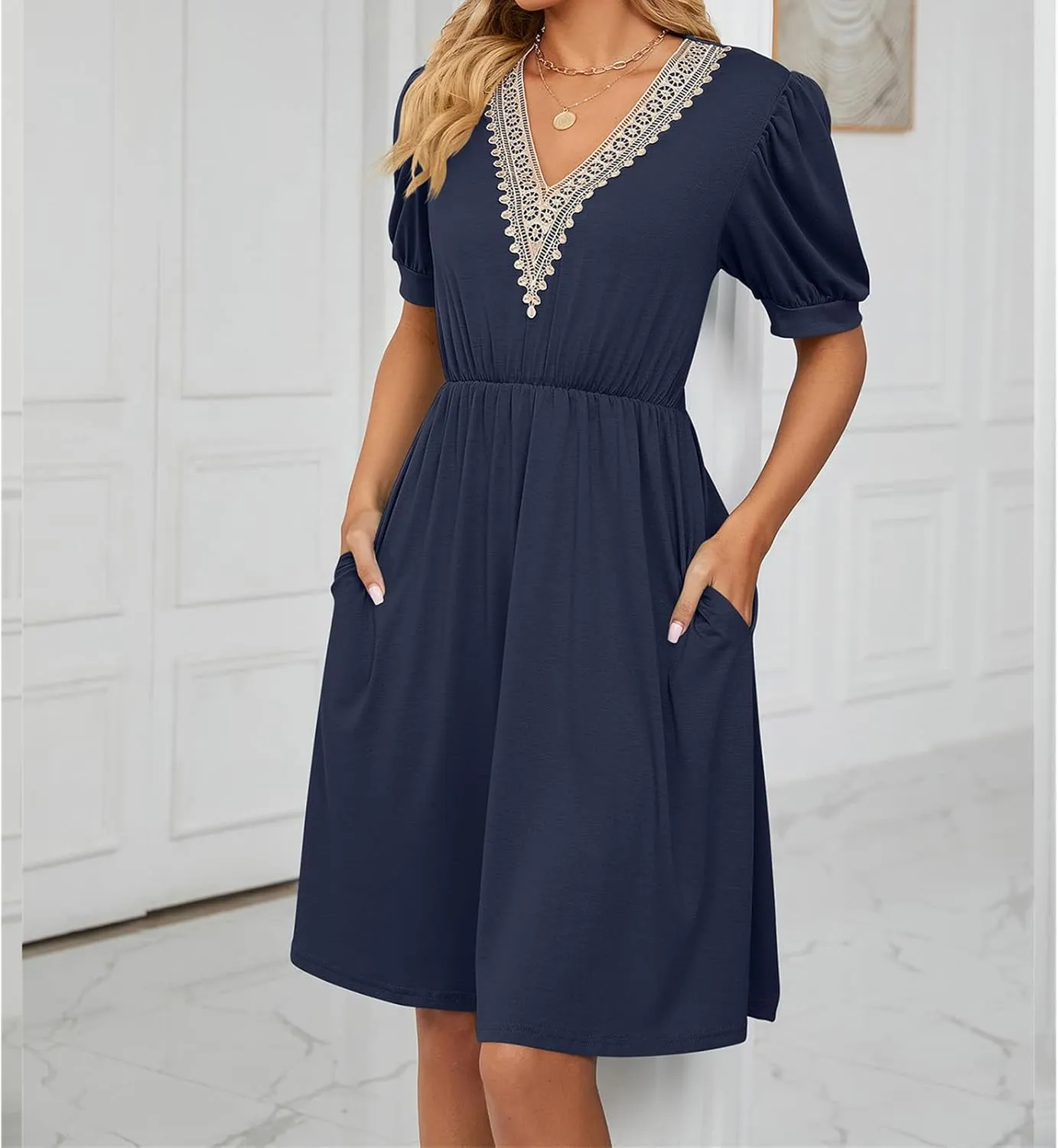 Womens Summer Short Sleeve Dresses Beach Loose Casual Aline Dress V Neck Empire Waist Sundress