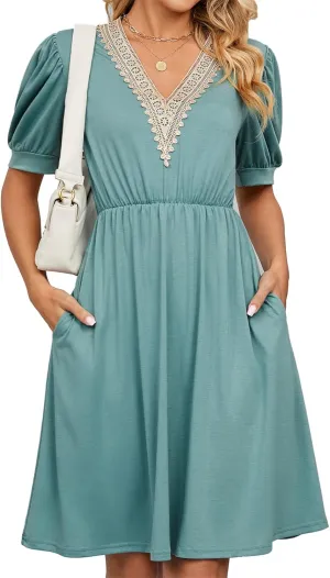 Womens Summer Short Sleeve Dresses Beach Loose Casual Aline Dress V Neck Empire Waist Sundress