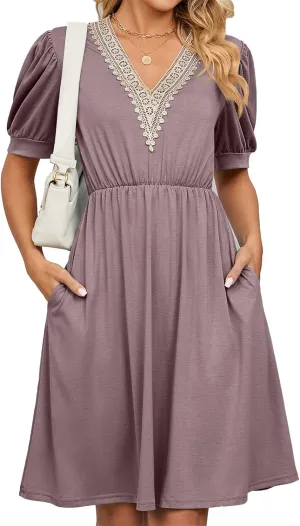 Womens Summer Short Sleeve Dresses Beach Loose Casual Aline Dress V Neck Empire Waist Sundress