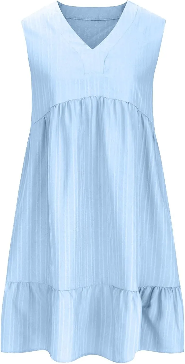 Womens Summer Short Sleeve Dresses V Neck Casual Solid Ruffle Tiered Layered Flowy A-Line Dress 2025 Beach Vacation