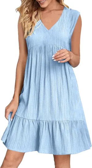 Womens Summer Short Sleeve Dresses V Neck Casual Solid Ruffle Tiered Layered Flowy A-Line Dress 2025 Beach Vacation