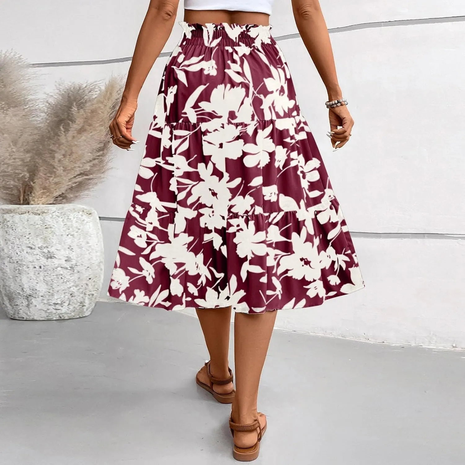 Womens Summer Skirts Midi Length Drawstring High Waist Skirts Below Knee Ruffle Tiered A Line Floral Print Beach Skirt