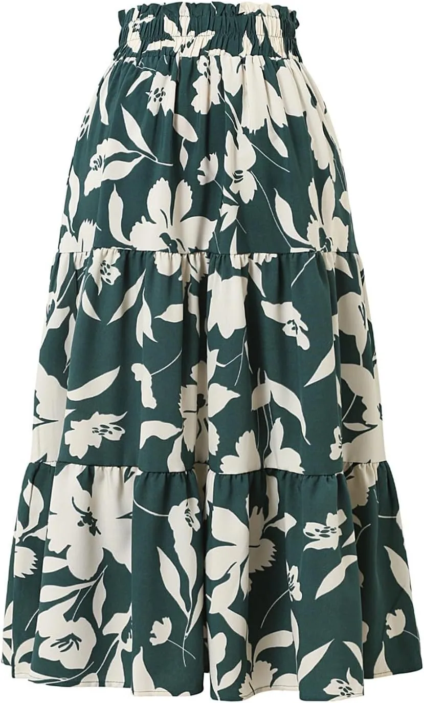 Womens Summer Skirts Midi Length Drawstring High Waist Skirts Below Knee Ruffle Tiered A Line Floral Print Beach Skirt