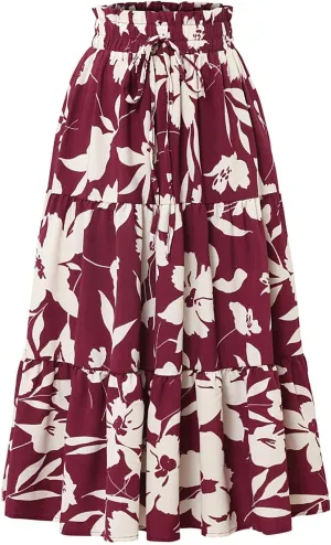 Womens Summer Skirts Midi Length Drawstring High Waist Skirts Below Knee Ruffle Tiered A Line Floral Print Beach Skirt