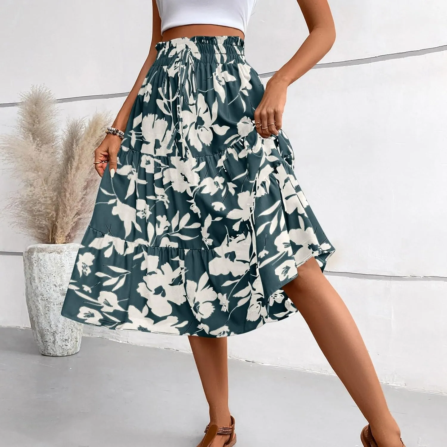 Womens Summer Skirts Midi Length Drawstring High Waist Skirts Below Knee Ruffle Tiered A Line Floral Print Beach Skirt