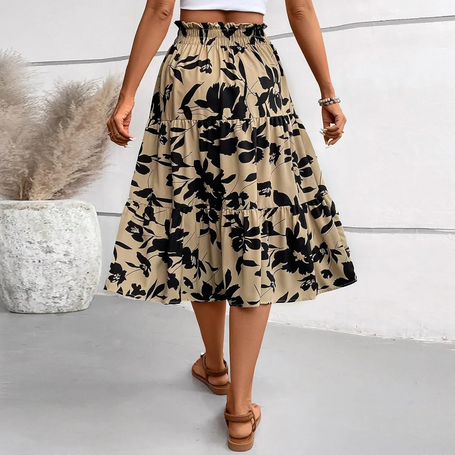 Womens Summer Skirts Midi Length Drawstring High Waist Skirts Below Knee Ruffle Tiered A Line Floral Print Beach Skirt