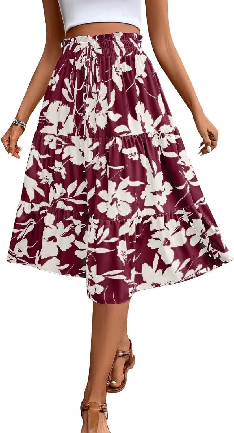 Womens Summer Skirts Midi Length Drawstring High Waist Skirts Below Knee Ruffle Tiered A Line Floral Print Beach Skirt