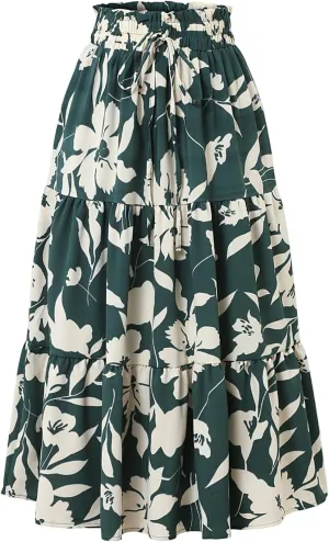 Womens Summer Skirts Midi Length Drawstring High Waist Skirts Below Knee Ruffle Tiered A Line Floral Print Beach Skirt