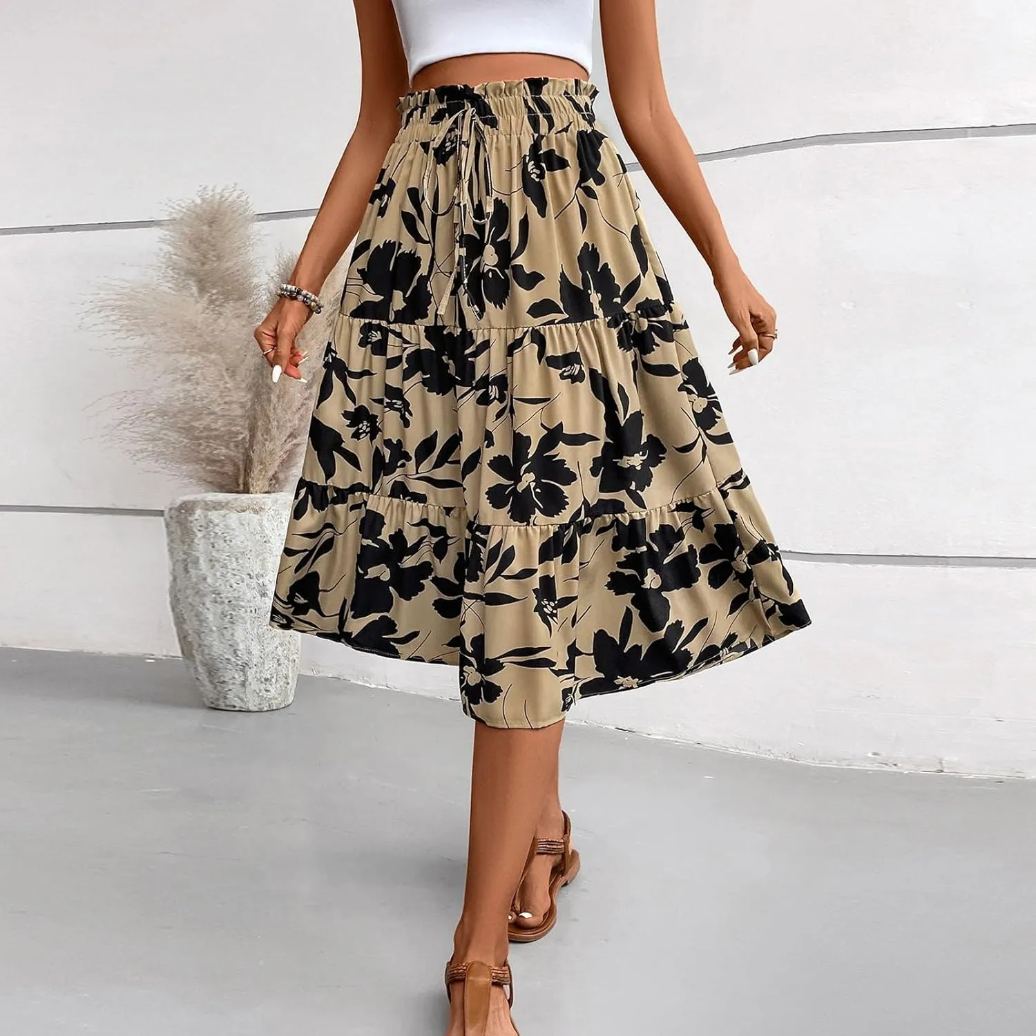 Womens Summer Skirts Midi Length Drawstring High Waist Skirts Below Knee Ruffle Tiered A Line Floral Print Beach Skirt