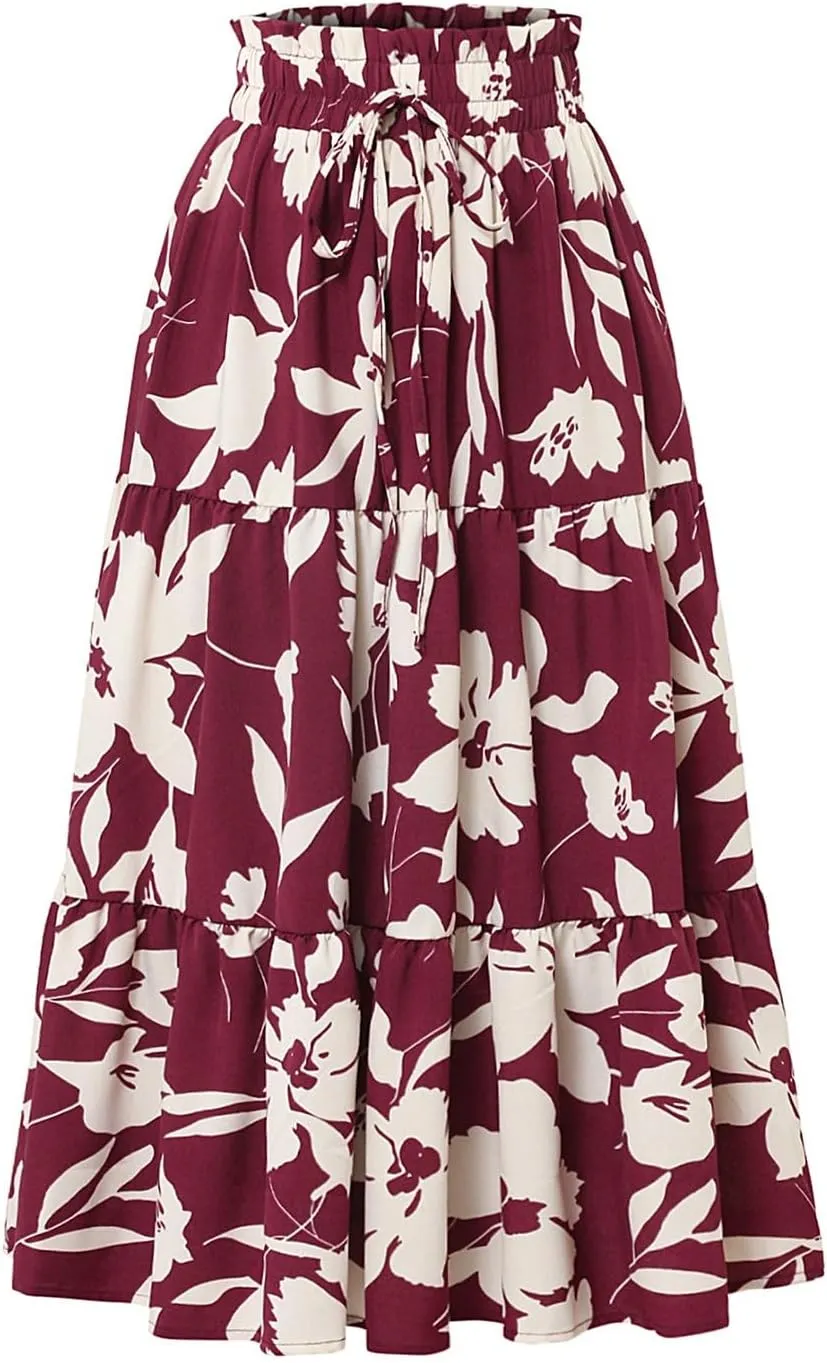 Womens Summer Skirts Midi Length Drawstring High Waist Skirts Below Knee Ruffle Tiered A Line Floral Print Beach Skirt