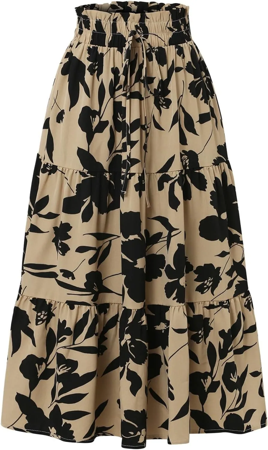 Womens Summer Skirts Midi Length Drawstring High Waist Skirts Below Knee Ruffle Tiered A Line Floral Print Beach Skirt