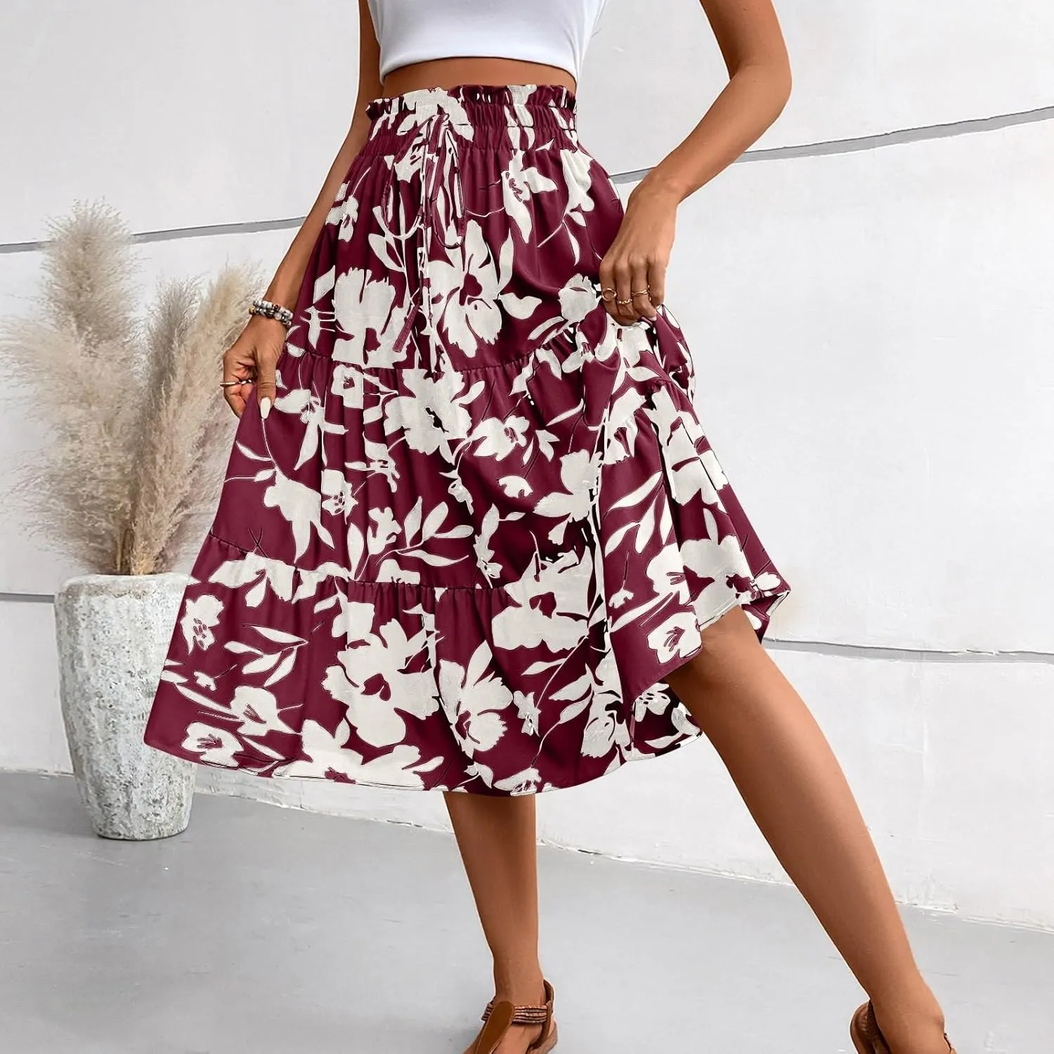 Womens Summer Skirts Midi Length Drawstring High Waist Skirts Below Knee Ruffle Tiered A Line Floral Print Beach Skirt
