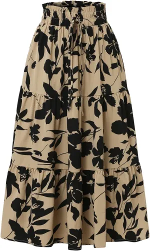 Womens Summer Skirts Midi Length Drawstring High Waist Skirts Below Knee Ruffle Tiered A Line Floral Print Beach Skirt