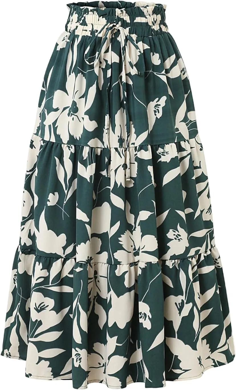 Womens Summer Skirts Midi Length Drawstring High Waist Skirts Below Knee Ruffle Tiered A Line Floral Print Beach Skirt