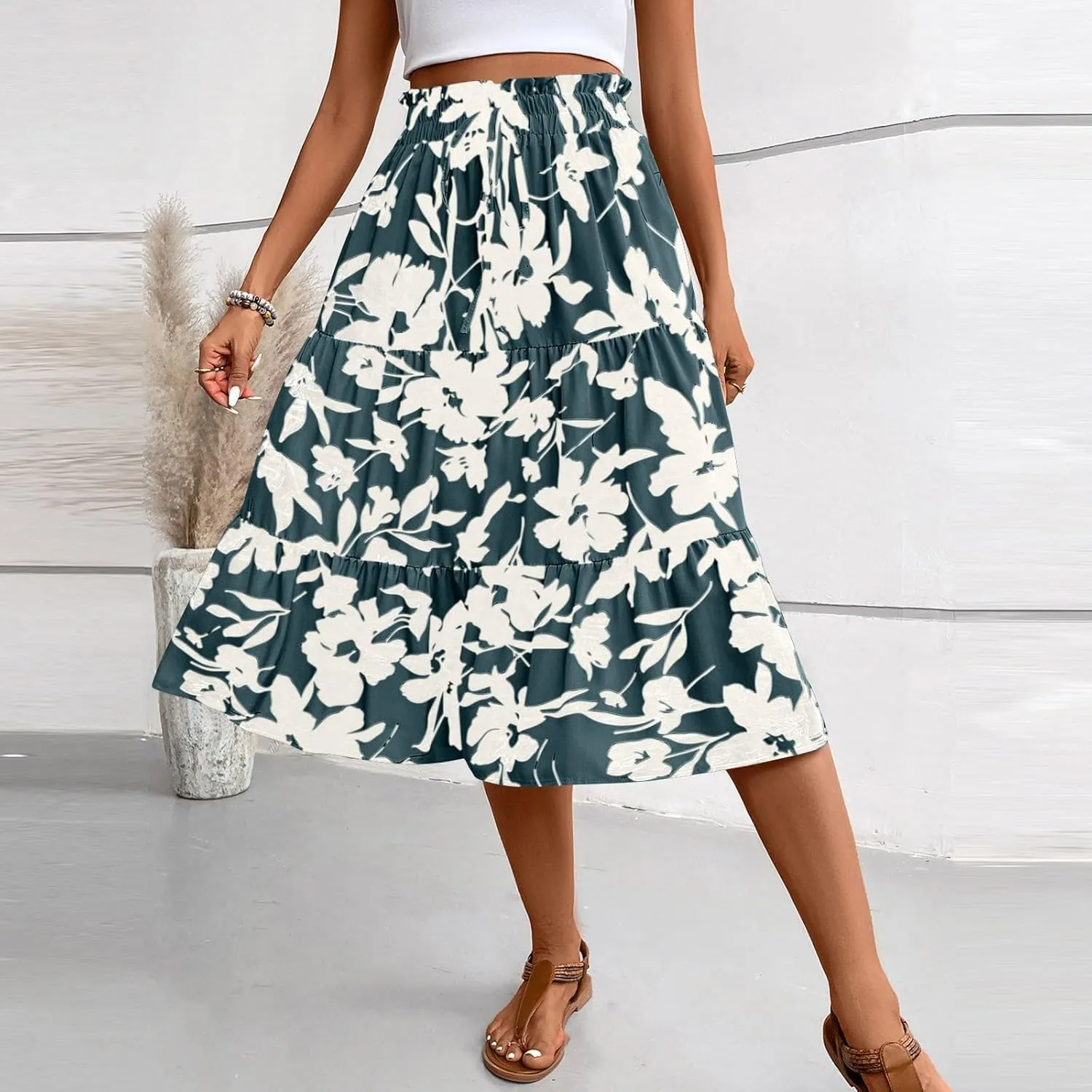 Womens Summer Skirts Midi Length Drawstring High Waist Skirts Below Knee Ruffle Tiered A Line Floral Print Beach Skirt