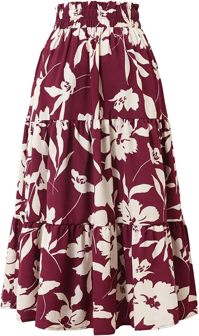 Womens Summer Skirts Midi Length Drawstring High Waist Skirts Below Knee Ruffle Tiered A Line Floral Print Beach Skirt