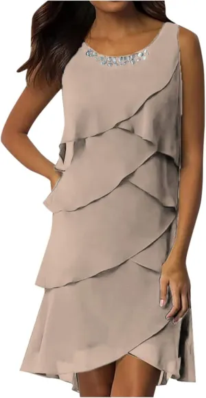 Women's Summer Sleeveless Mini Dress Boho Ruffle Tiered Layered Chiffon Flowy A Line Dresses Ruffle Tiered Casual Swing Dress