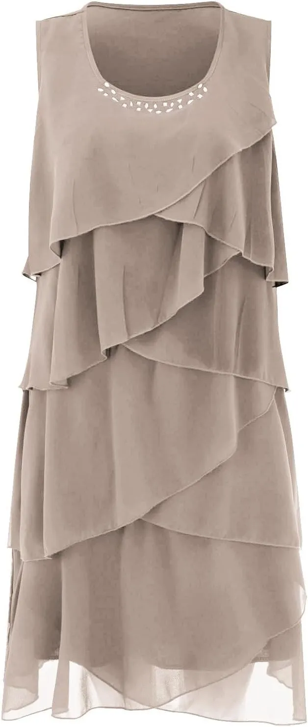 Women's Summer Sleeveless Mini Dress Boho Ruffle Tiered Layered Chiffon Flowy A Line Dresses Ruffle Tiered Casual Swing Dress