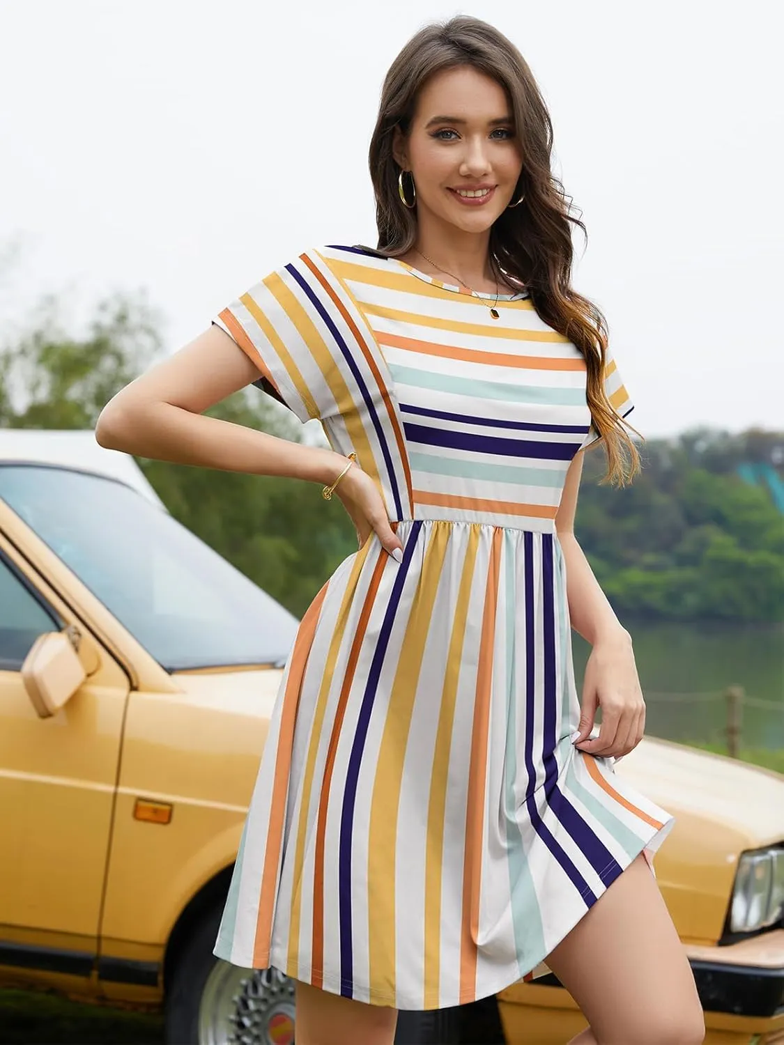 Womens Summer Striped Short Sleeve T-Shirt Dresses Casual Crew Neck Mini Dress Flowy Beach Sundress