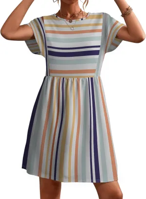 Womens Summer Striped Short Sleeve T-Shirt Dresses Casual Crew Neck Mini Dress Flowy Beach Sundress