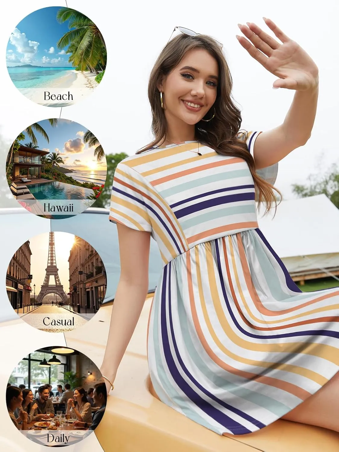 Womens Summer Striped Short Sleeve T-Shirt Dresses Casual Crew Neck Mini Dress Flowy Beach Sundress