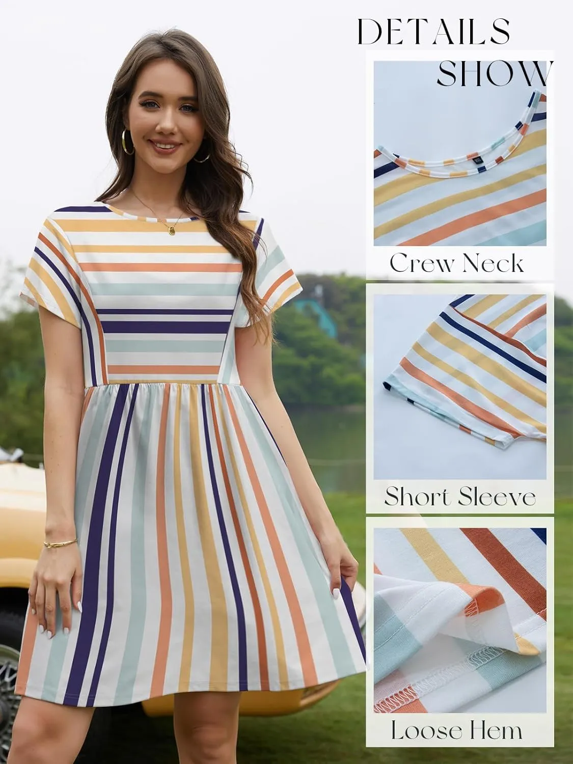 Womens Summer Striped Short Sleeve T-Shirt Dresses Casual Crew Neck Mini Dress Flowy Beach Sundress