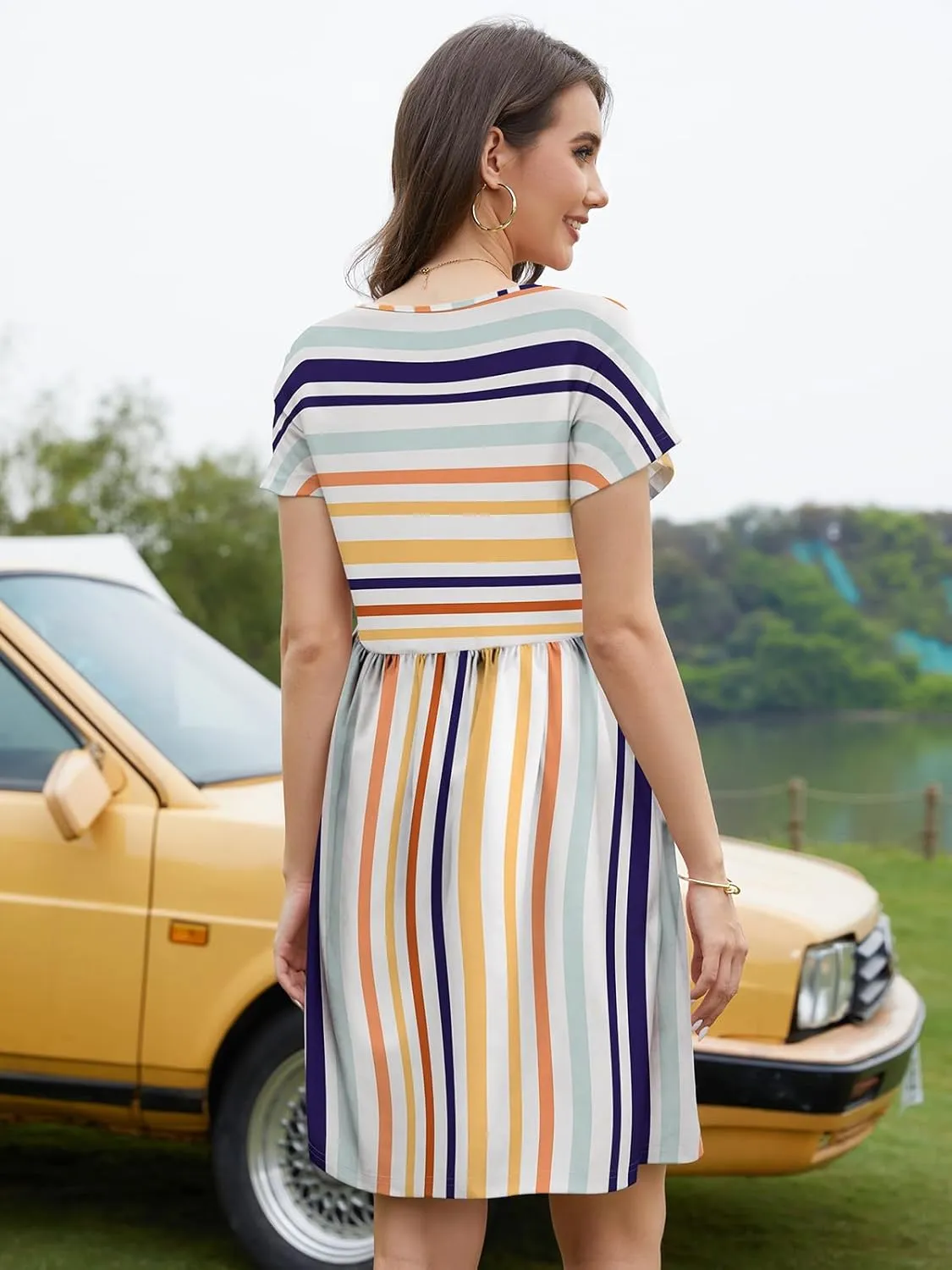 Womens Summer Striped Short Sleeve T-Shirt Dresses Casual Crew Neck Mini Dress Flowy Beach Sundress