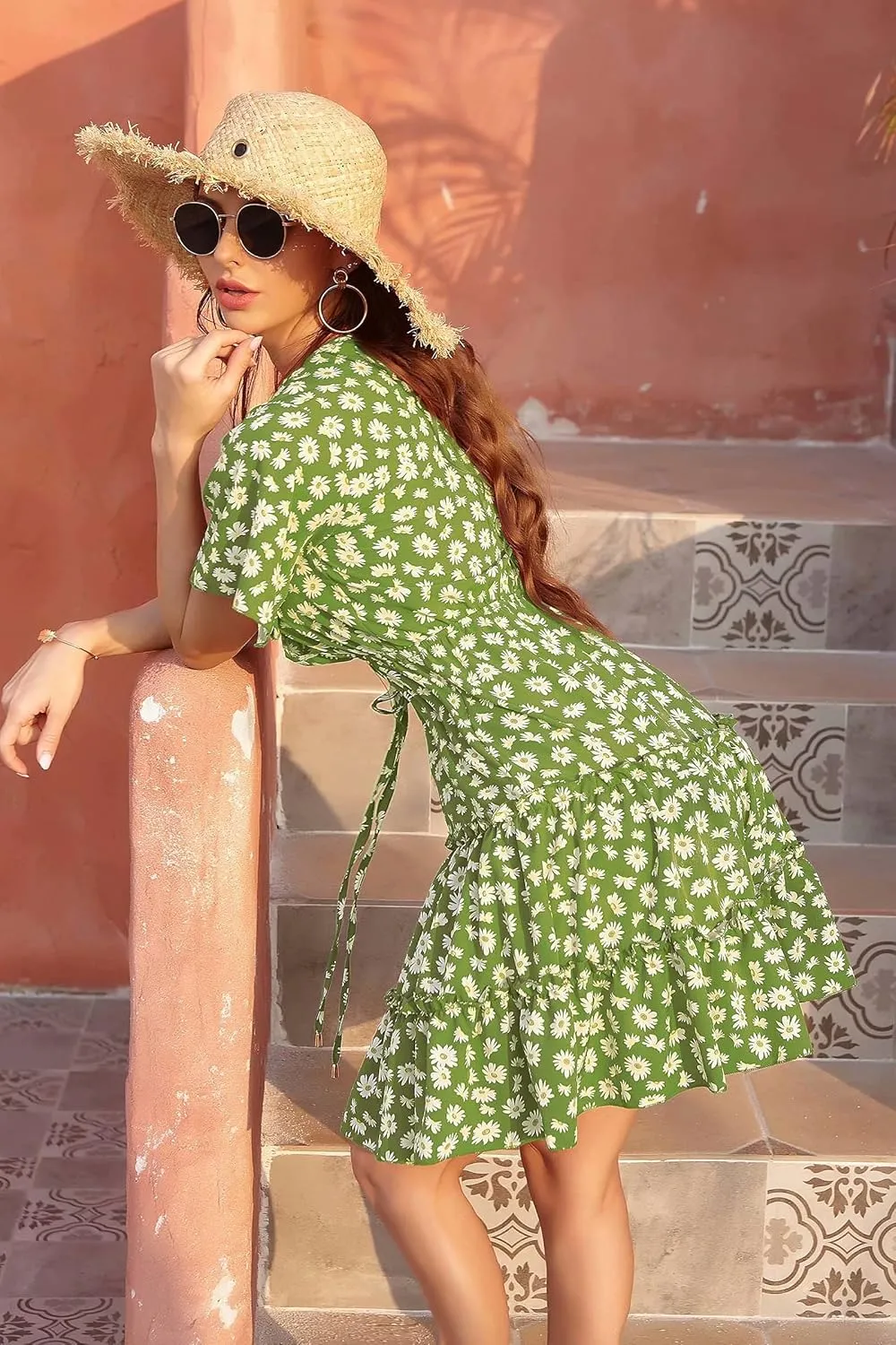 Women's Summer Wrap V Neck Floral Dresses Short Sleeve Ruffle Swing A Line Beach Mini Dress