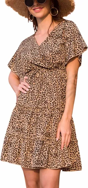 Women's Summer Wrap V Neck Floral Dresses Short Sleeve Ruffle Swing A Line Beach Mini Dress