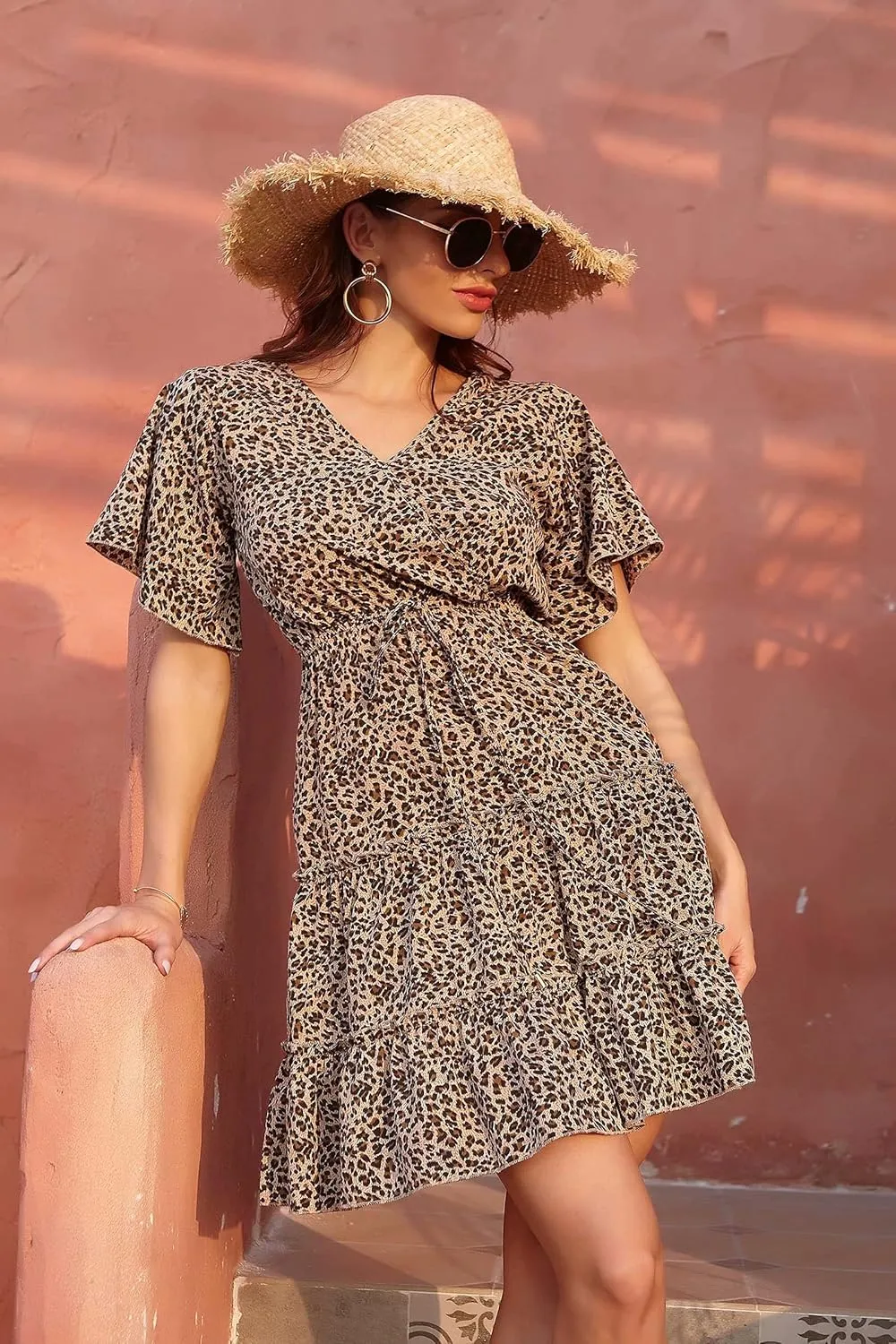 Women's Summer Wrap V Neck Floral Dresses Short Sleeve Ruffle Swing A Line Beach Mini Dress