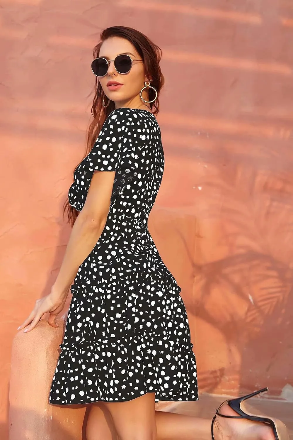 Women's Summer Wrap V Neck Floral Dresses Short Sleeve Ruffle Swing A Line Beach Mini Dress