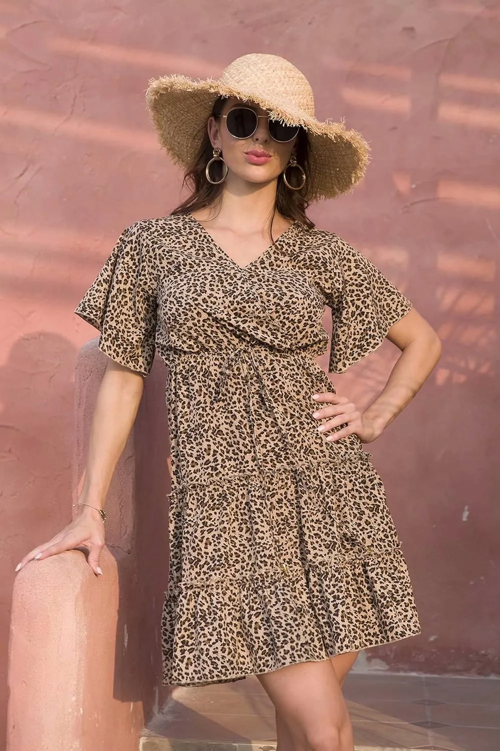 Women's Summer Wrap V Neck Floral Dresses Short Sleeve Ruffle Swing A Line Beach Mini Dress