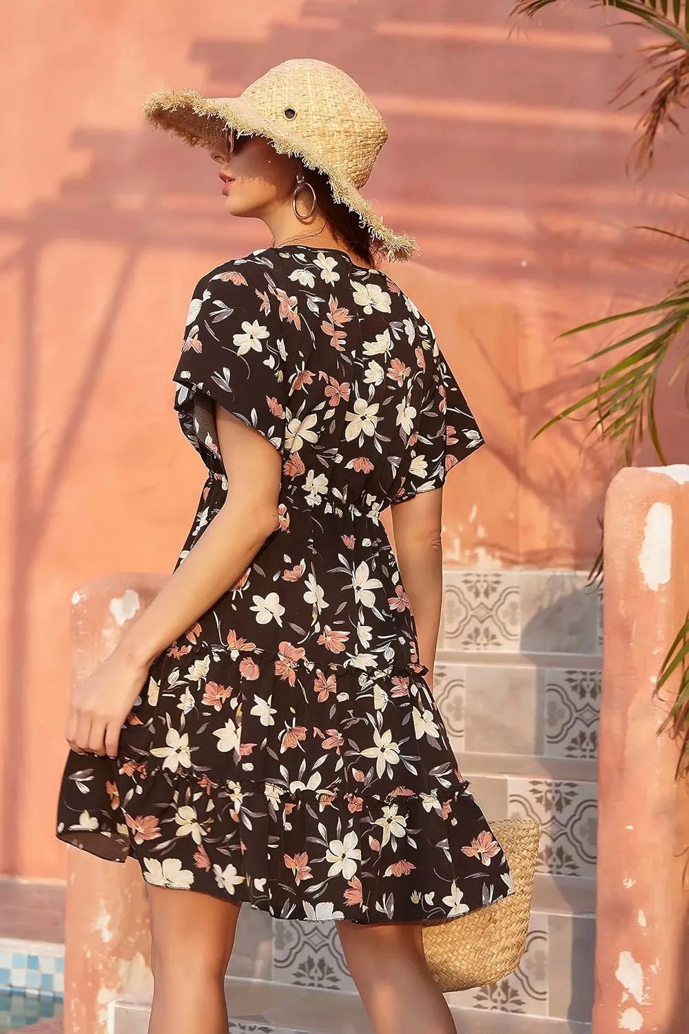 Women's Summer Wrap V Neck Floral Dresses Short Sleeve Ruffle Swing A Line Beach Mini Dress