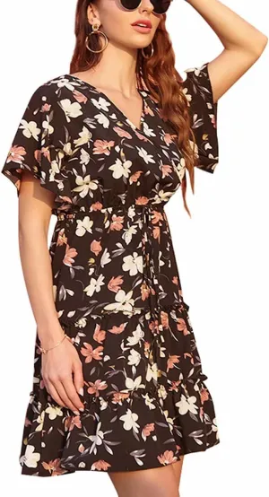 Women's Summer Wrap V Neck Floral Dresses Short Sleeve Ruffle Swing A Line Beach Mini Dress