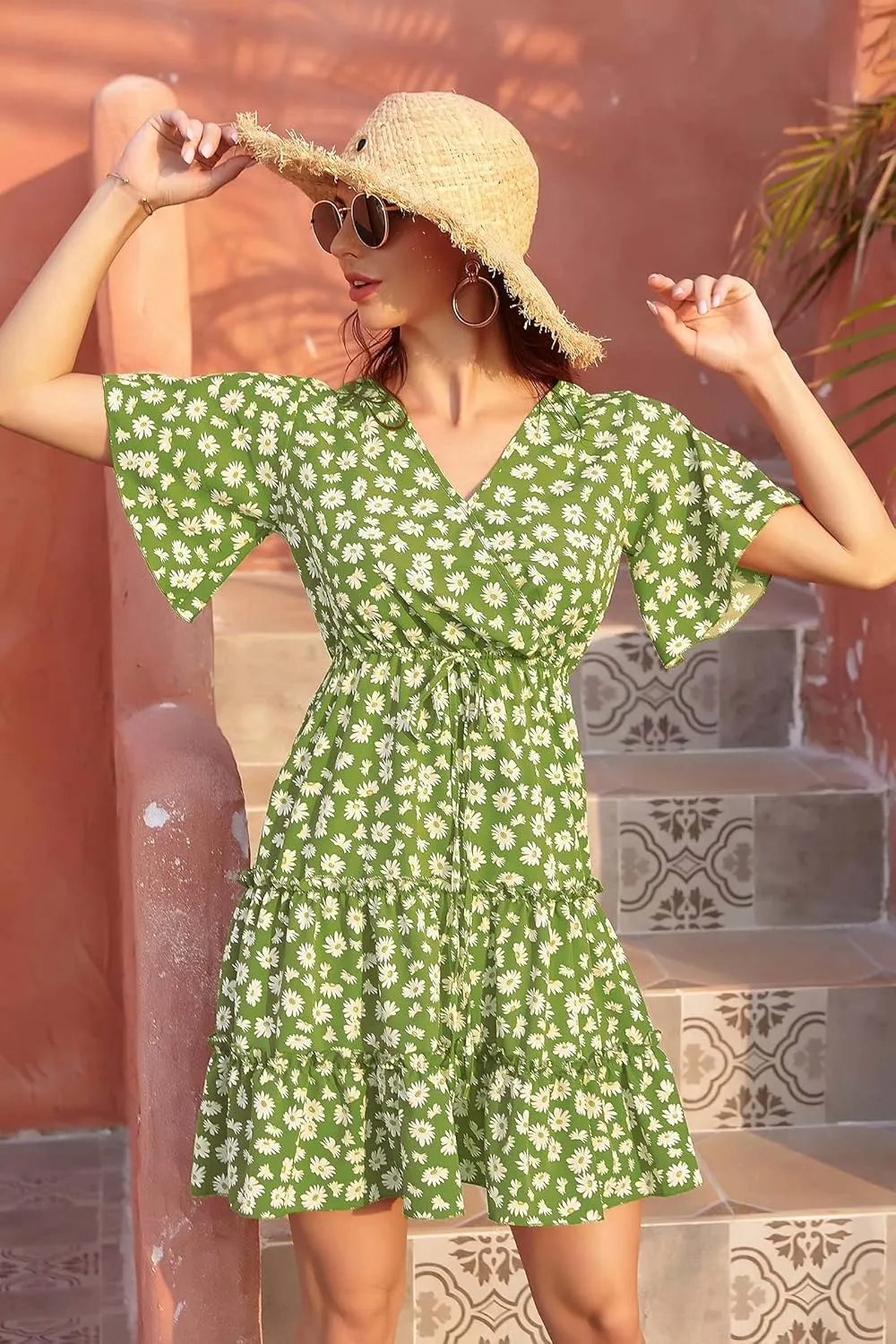 Women's Summer Wrap V Neck Floral Dresses Short Sleeve Ruffle Swing A Line Beach Mini Dress
