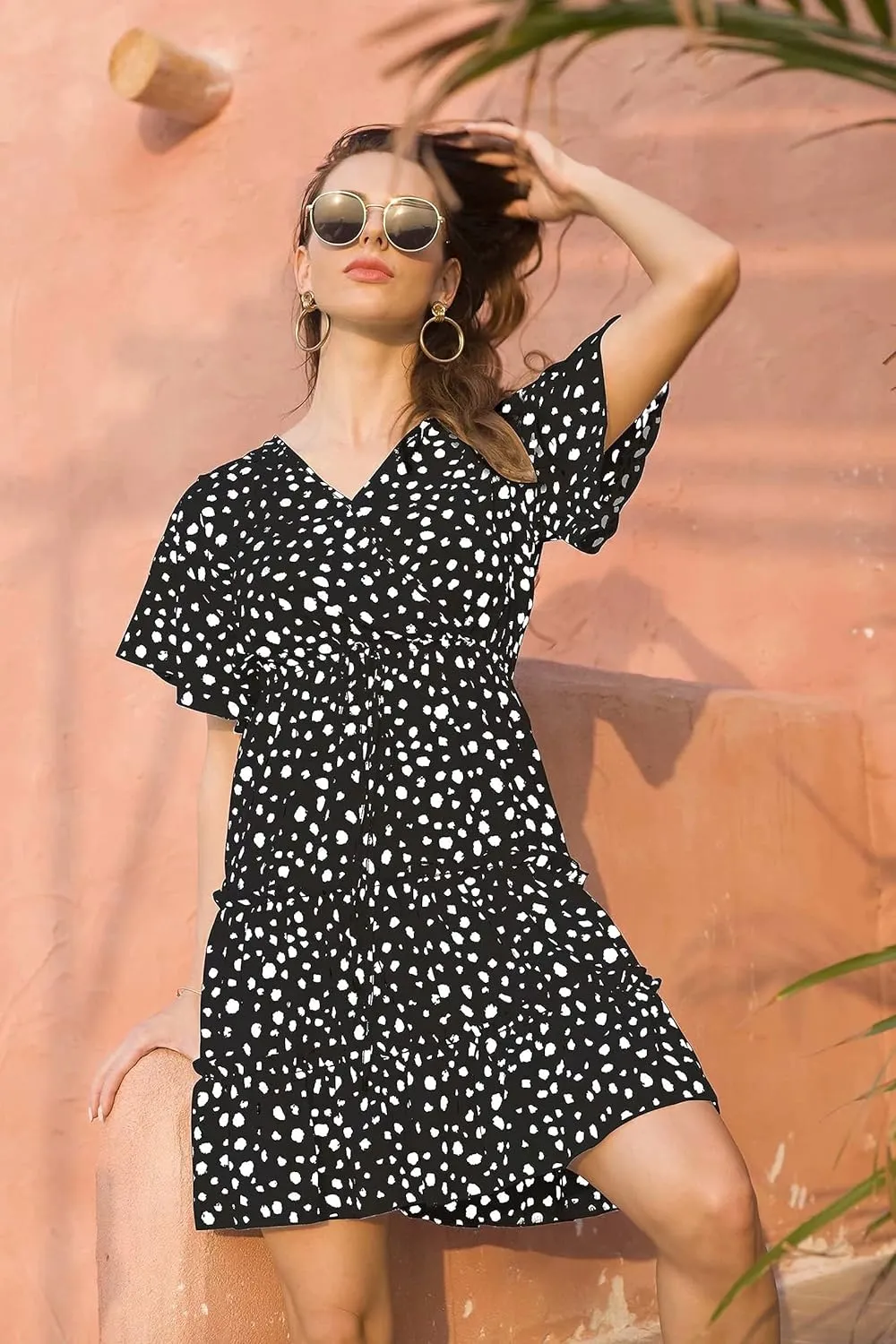 Women's Summer Wrap V Neck Floral Dresses Short Sleeve Ruffle Swing A Line Beach Mini Dress