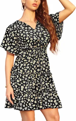 Women's Summer Wrap V Neck Floral Dresses Short Sleeve Ruffle Swing A Line Beach Mini Dress