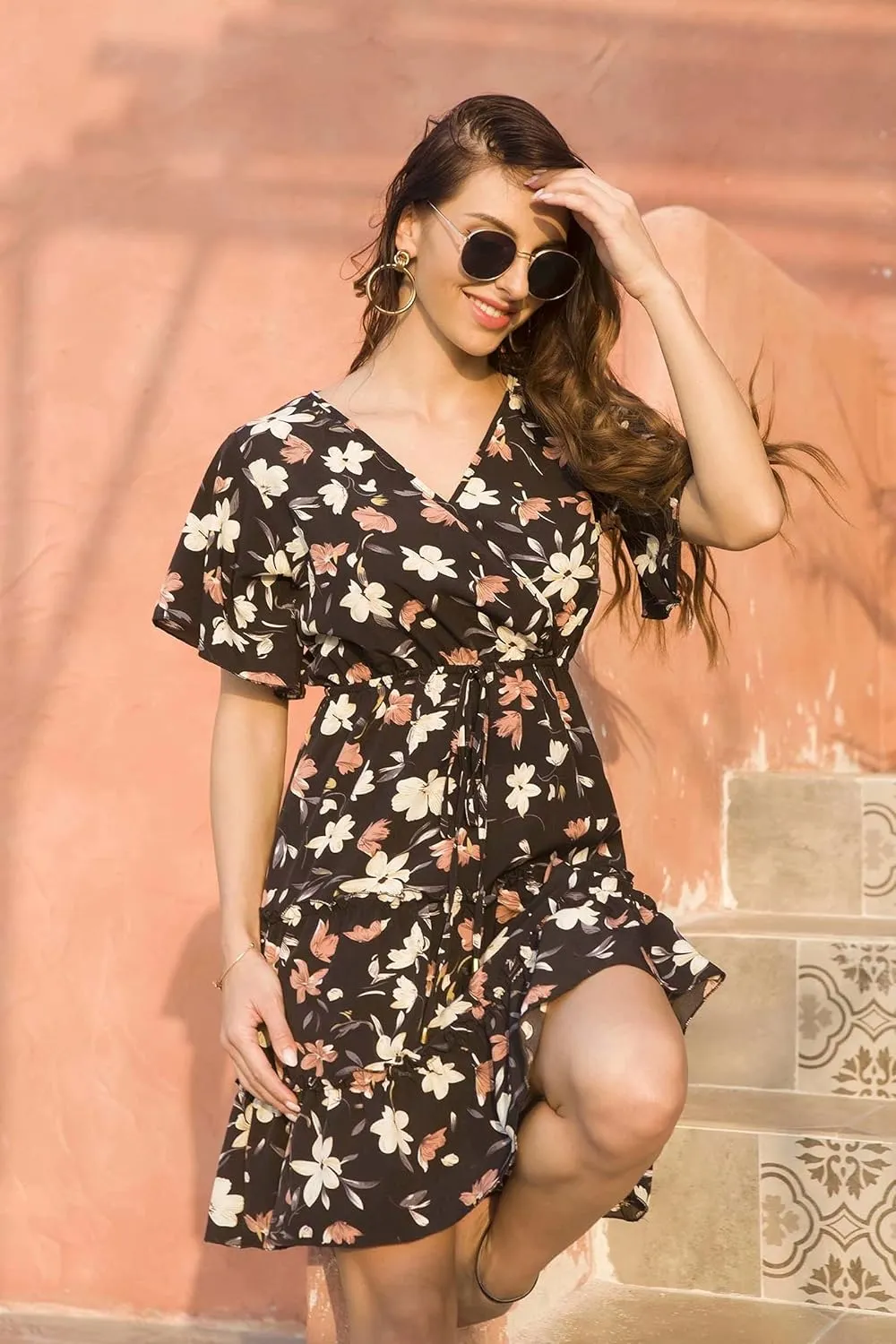 Women's Summer Wrap V Neck Floral Dresses Short Sleeve Ruffle Swing A Line Beach Mini Dress