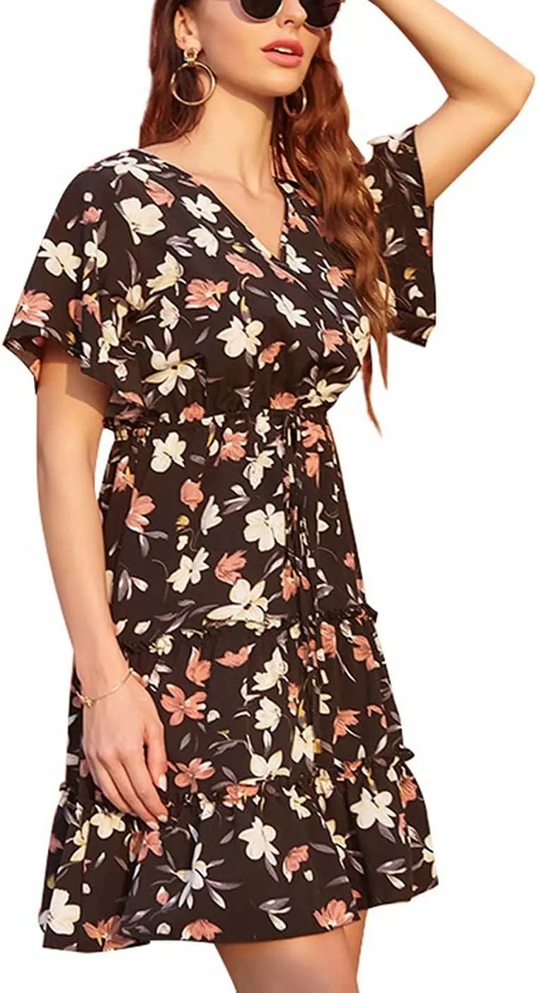 Women's Summer Wrap V Neck Floral Dresses Short Sleeve Ruffle Swing A Line Beach Mini Dress
