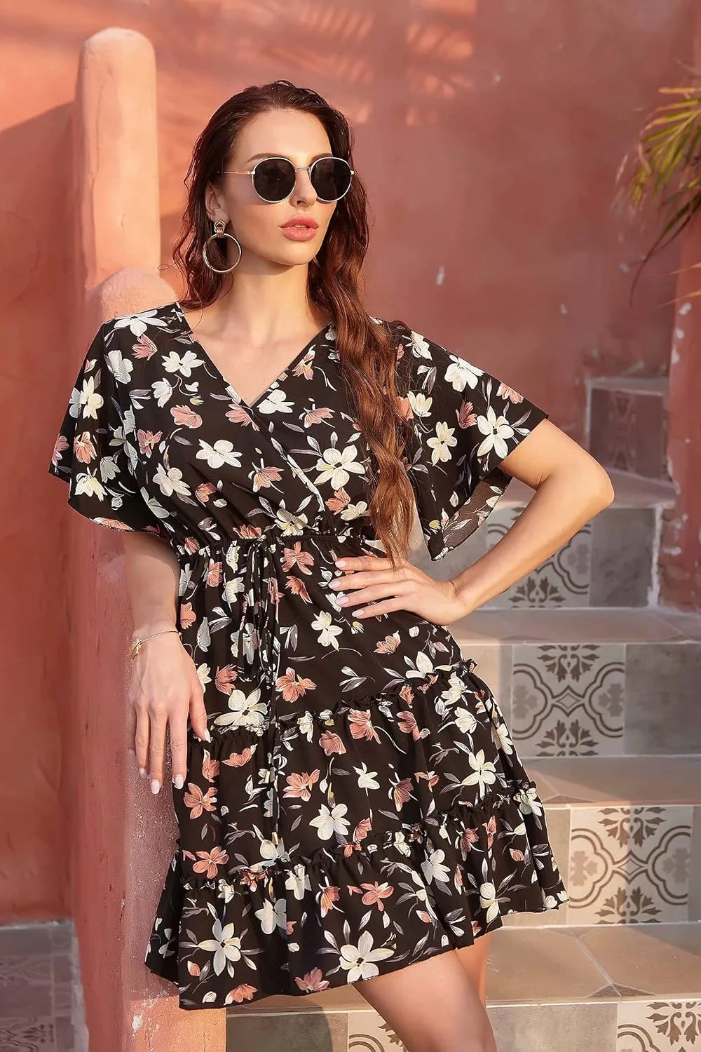 Women's Summer Wrap V Neck Floral Dresses Short Sleeve Ruffle Swing A Line Beach Mini Dress