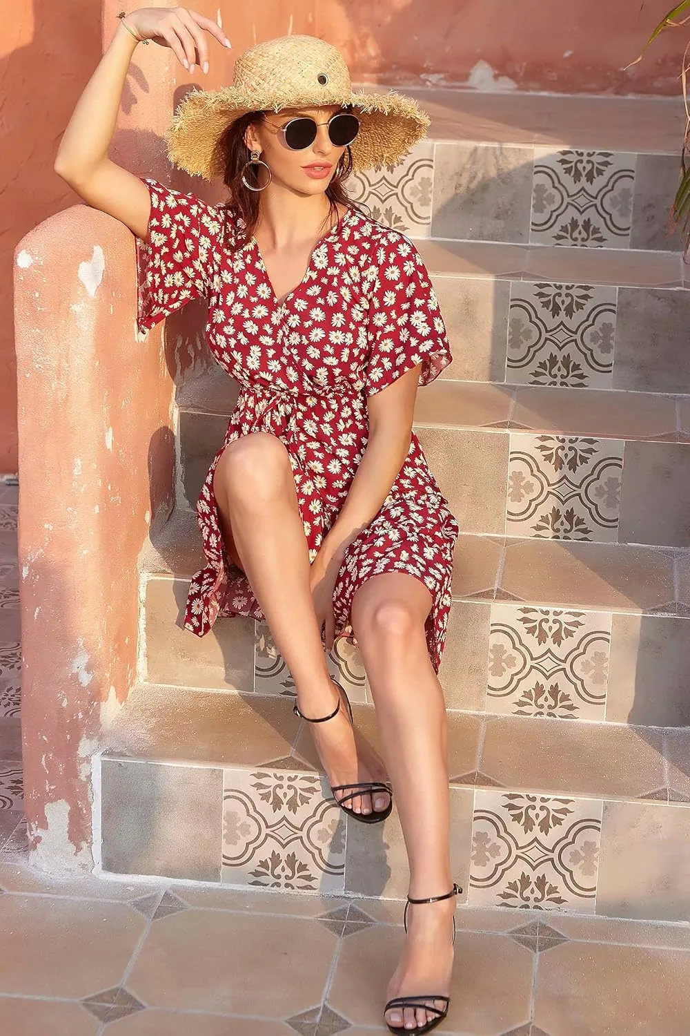 Women's Summer Wrap V Neck Floral Dresses Short Sleeve Ruffle Swing A Line Beach Mini Dress