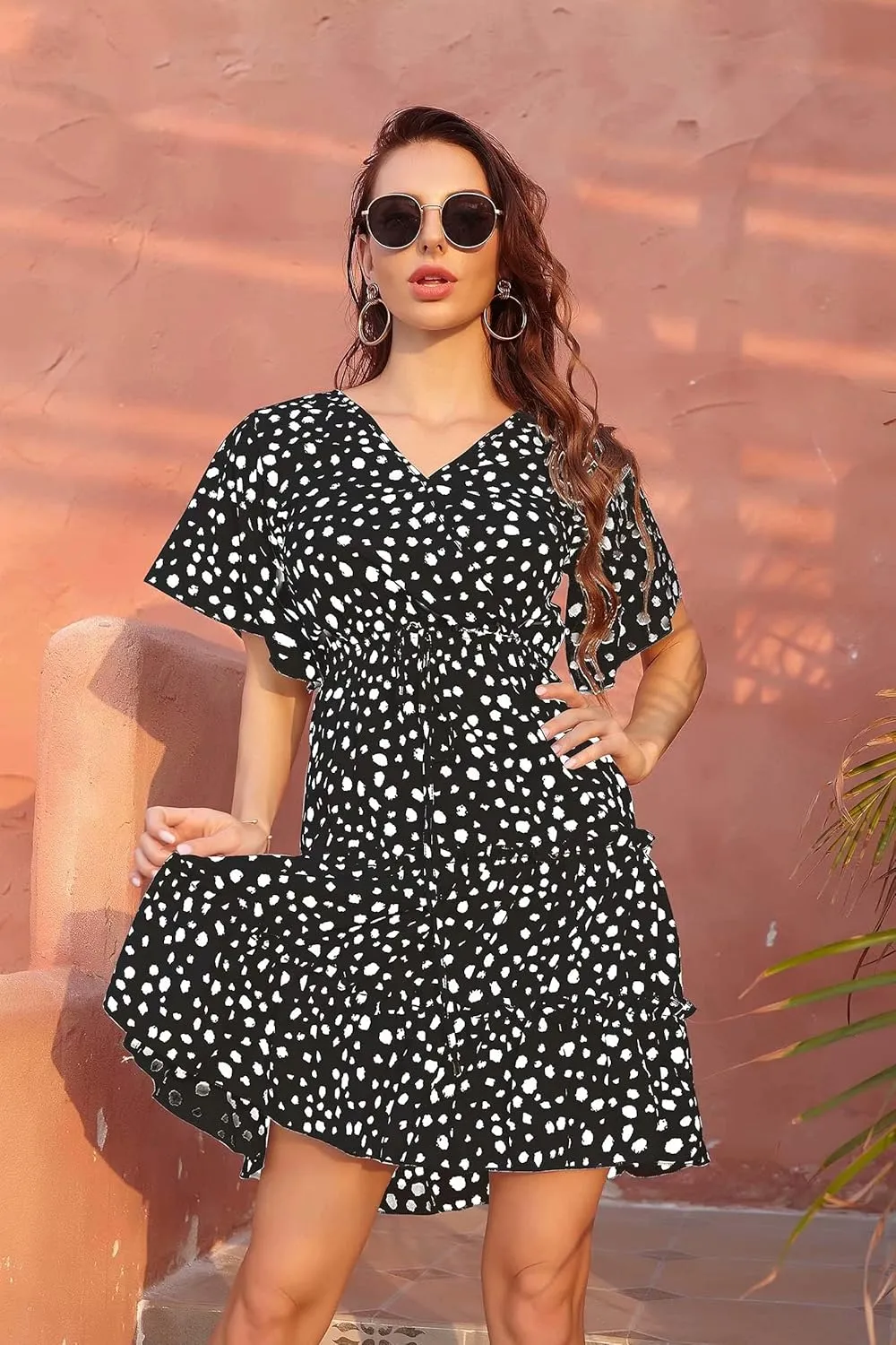Women's Summer Wrap V Neck Floral Dresses Short Sleeve Ruffle Swing A Line Beach Mini Dress