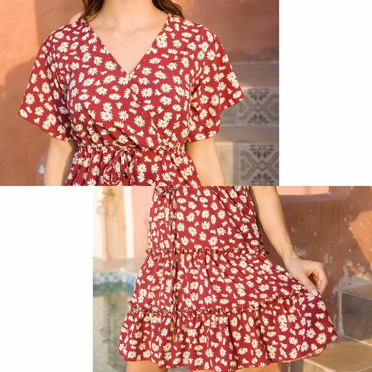 Women's Summer Wrap V Neck Floral Dresses Short Sleeve Ruffle Swing A Line Beach Mini Dress