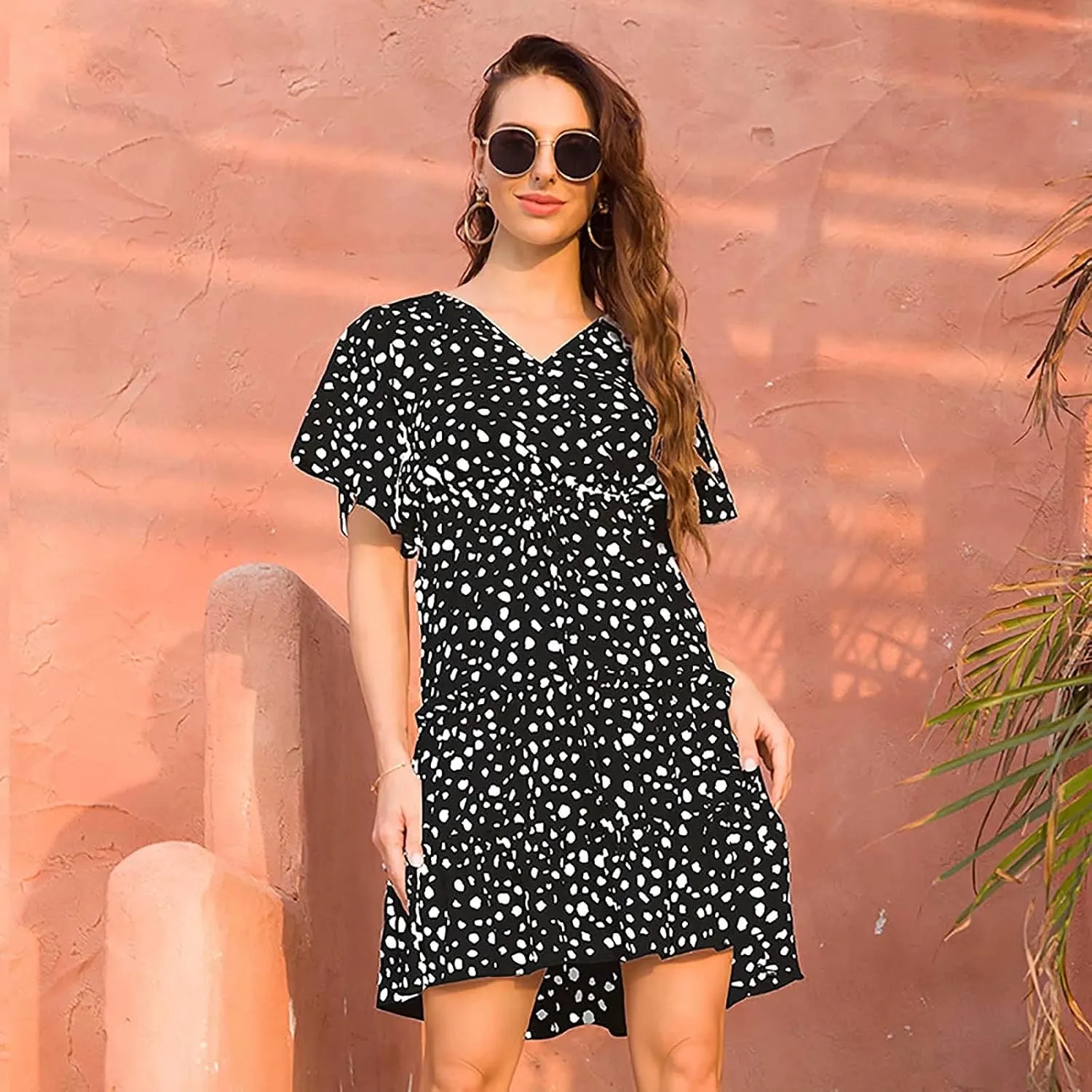 Women's Summer Wrap V Neck Floral Dresses Short Sleeve Ruffle Swing A Line Beach Mini Dress