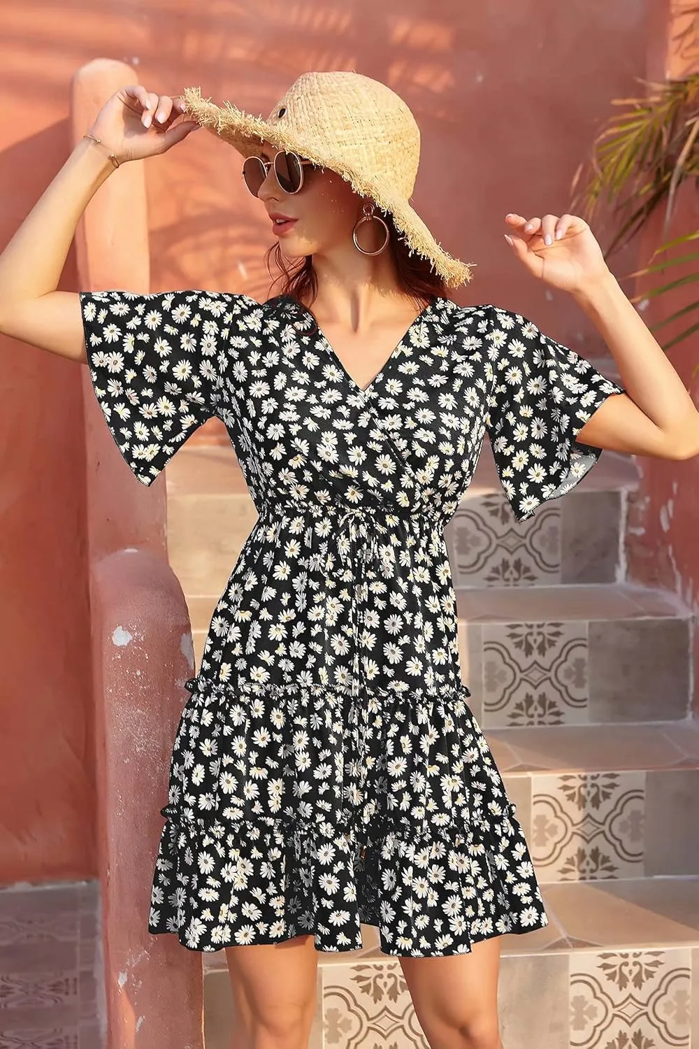 Women's Summer Wrap V Neck Floral Dresses Short Sleeve Ruffle Swing A Line Beach Mini Dress